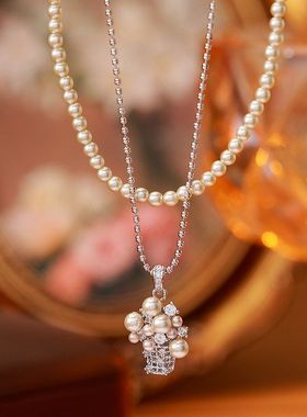 爆米花吊坠珍珠项链女百搭轻奢高级感小众毛衣链秋冬叠戴饰品套装