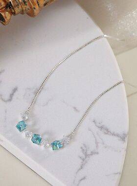 清冷感方形水晶闪钻项链女精致蓝色锁骨链轻奢小众设计感时尚颈链