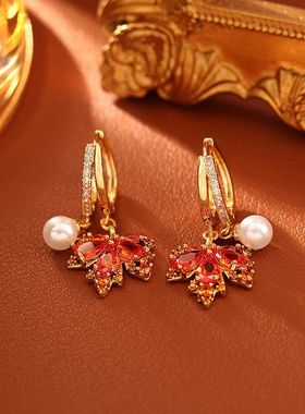 爆款红色枫叶锆石项链高级感时尚精致优雅气质锁骨链仙女风耳饰潮