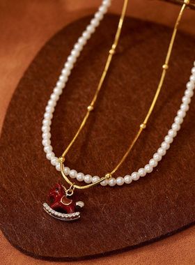 【汾红木马】红色滴油小马珍珠叠戴项链女气质毛衣链轻奢高级颈链