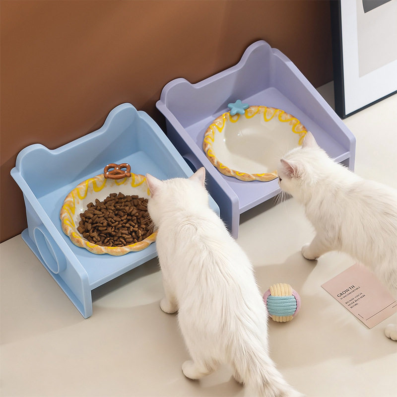 陶瓷猫碗方块架子 可爱浮雕碗立体配件猫喂水盘 防打翻宠物食粮碗,淘宝优惠券,粉丝福利购,淘宝优惠卷
