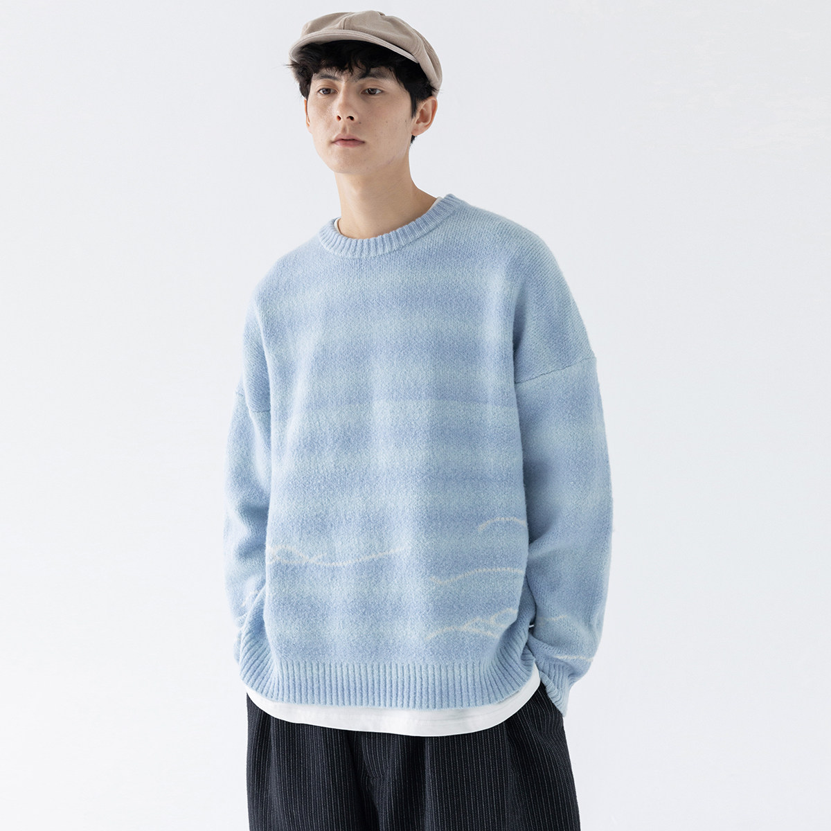 Mentmate 一眼就沉沦渐变蓝毛衣 秋冬松弛感海浪极简圆领针织衫男,淘宝优惠券,粉丝福利购,淘宝优惠卷