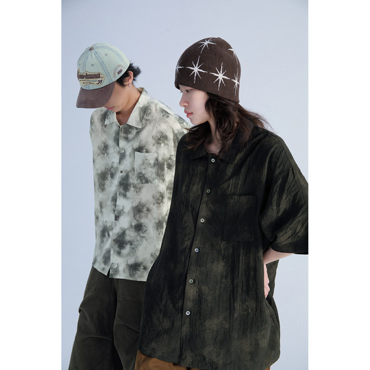 Mentmate 复古东方水墨晕染风短袖衬衫 男女情侣款新中式衬衣 夏