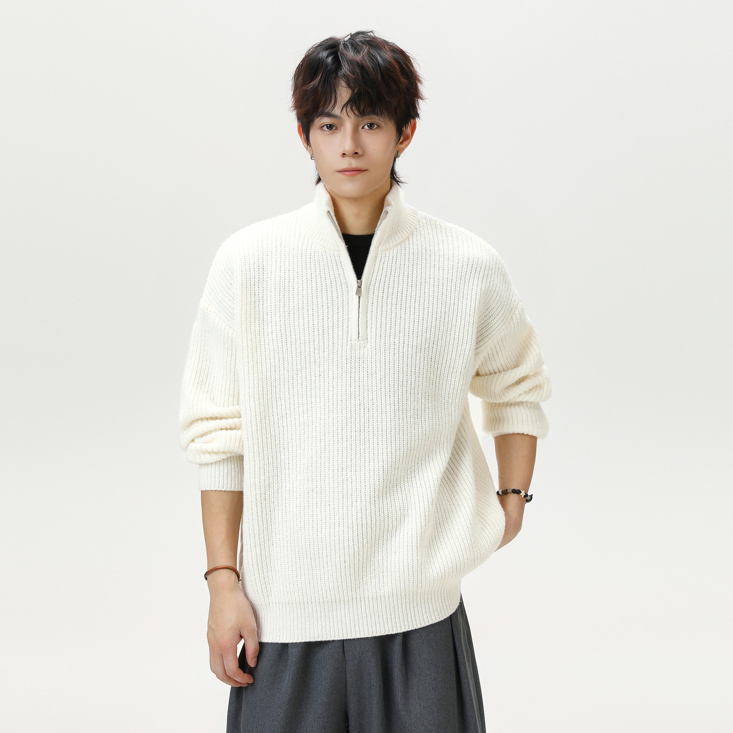 悟空有货潮牌复古纯色半拉链立领毛衣男女秋季潮牌情侣宽松针织衫,淘宝优惠券,粉丝福利购,淘宝优惠卷