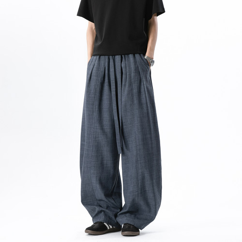 悟空有货潮牌纯色仿麻抽绳松紧弯刀裤男复古宽松基础百搭休闲长裤 - 图1