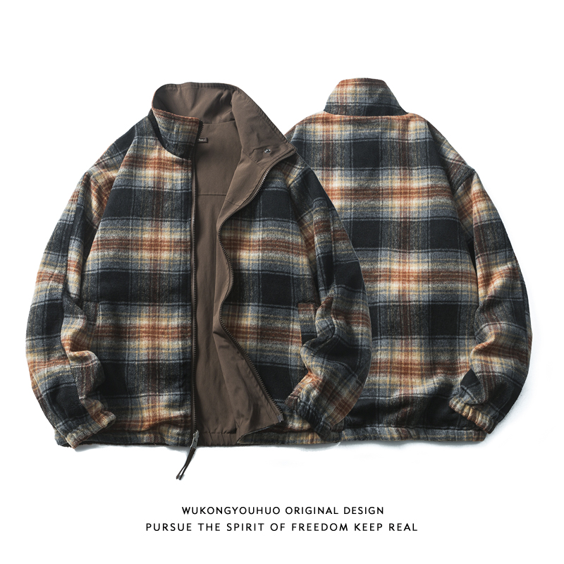 悟空有货复古撞色格子双面穿立领夹克男秋季潮牌宽松情侣百搭外套 - 图1