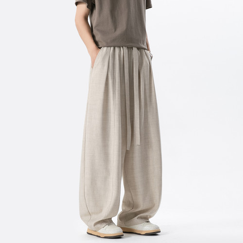 悟空有货潮牌纯色仿麻抽绳松紧弯刀裤男复古宽松基础百搭休闲长裤 - 图3