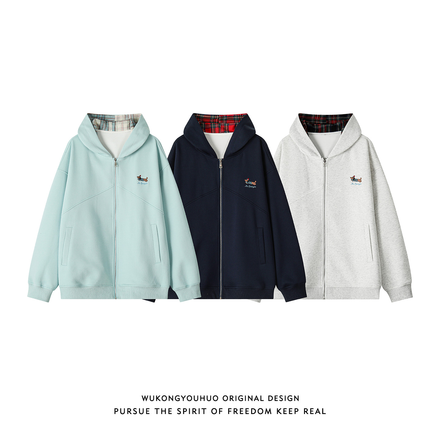 悟空有货潮牌美式格子刺绣开衫连帽卫衣男女春季情侣宽松帽衫外套,淘宝优惠券,粉丝福利购,淘宝优惠卷