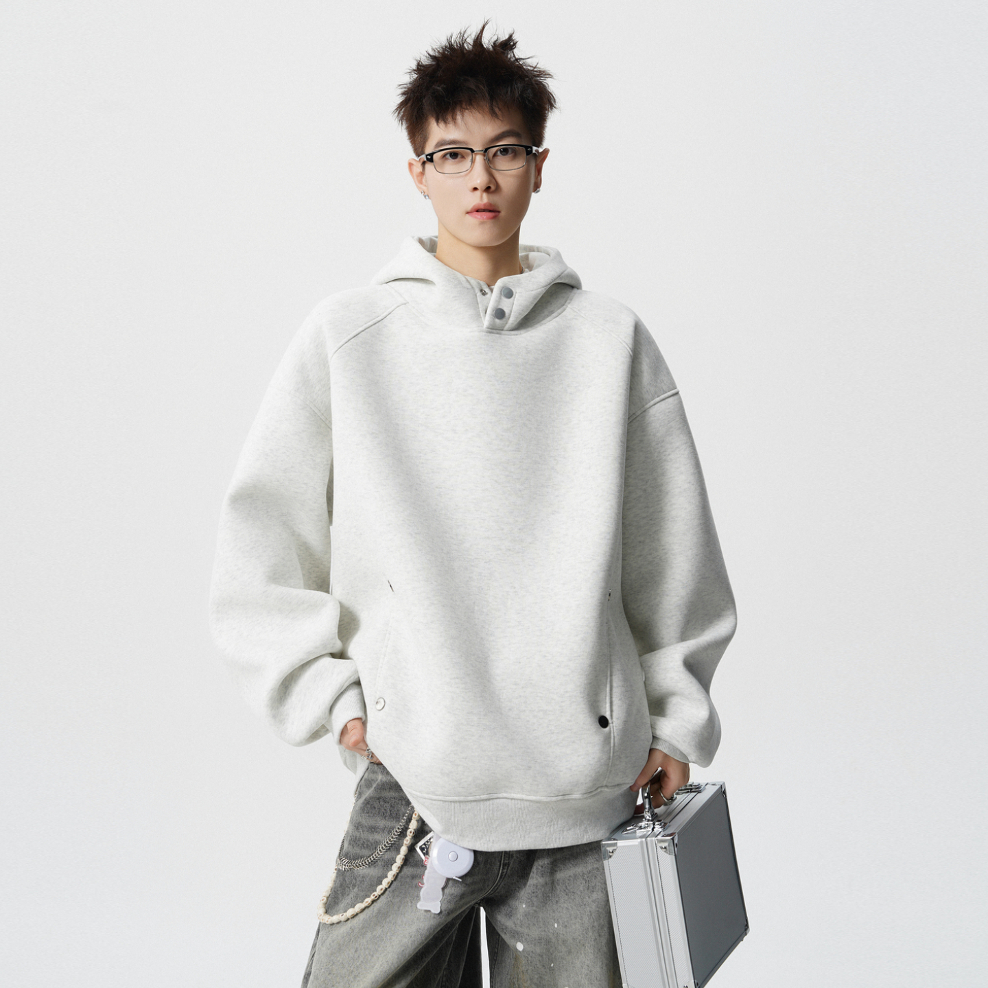 悟空有货潮牌美式重磅纽扣连帽卫衣男女复古潮牌情侣百搭套头帽衫 - 图1