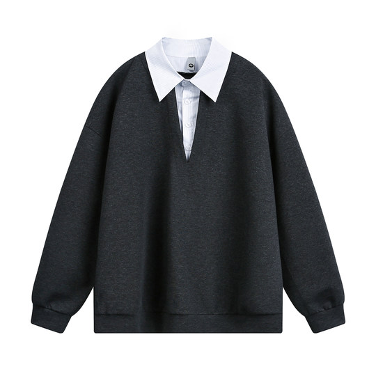 Retro color block deep V shirt collar fake two-piece sweatshirt
