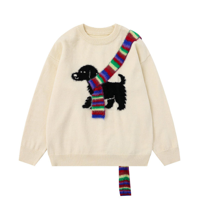 悟空有货美式彩虹围巾小狗圆领毛衣男复古潮牌宽松情侣休闲针织衫,淘宝优惠券,粉丝福利购,淘宝优惠卷