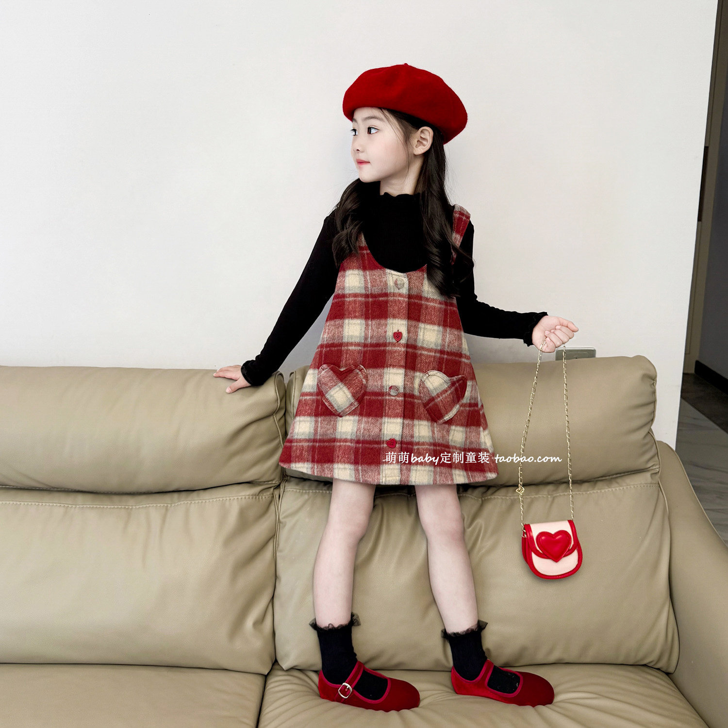 女童红色格子夹棉背心裙圣诞新年连衣裙2025冬季新款小女孩公主裙,淘宝优惠券,粉丝福利购,淘宝优惠卷