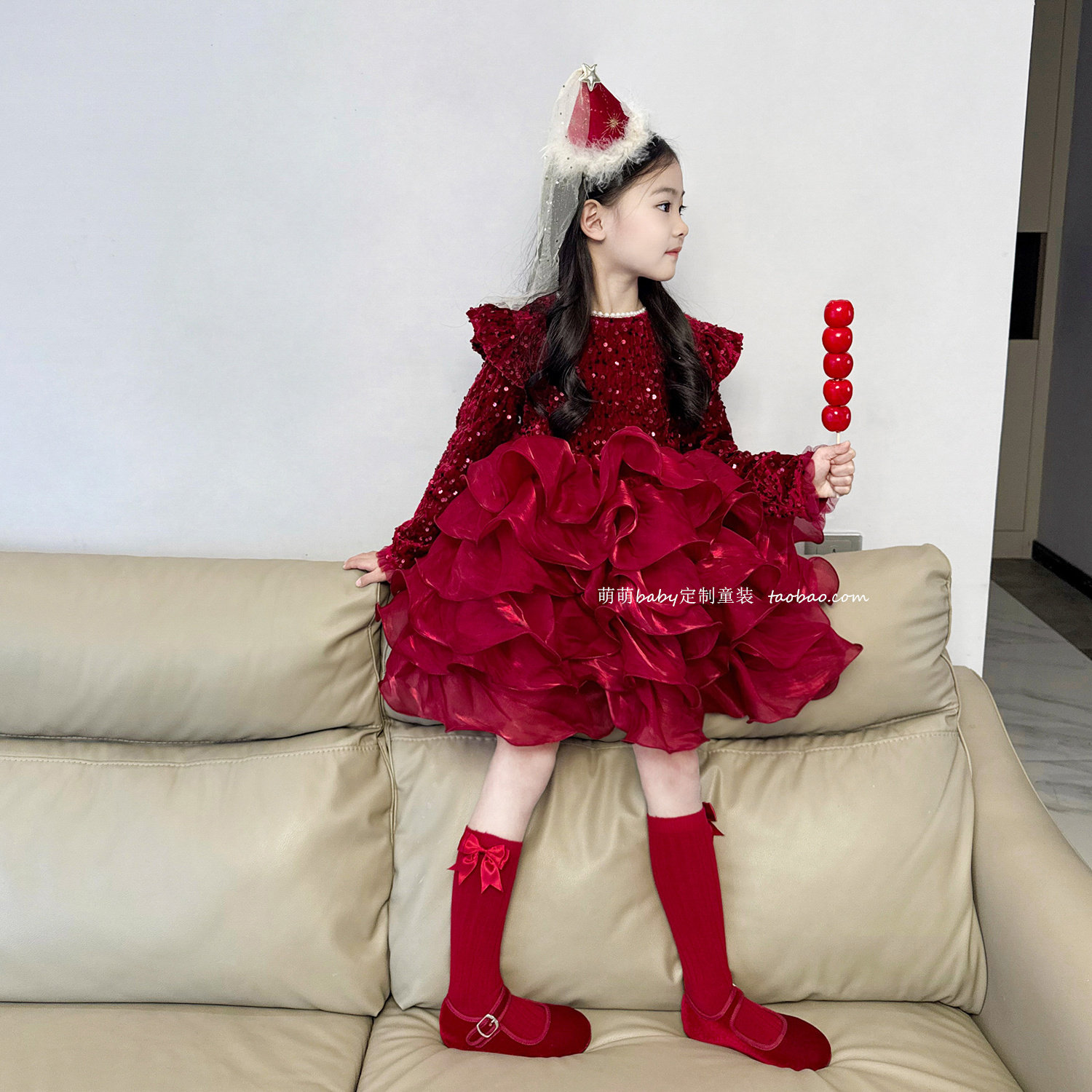女童加绒红色亮片网纱蓬蓬公主裙2025冬季小女孩气质连衣裙拜年服,淘宝优惠券,粉丝福利购,淘宝优惠卷