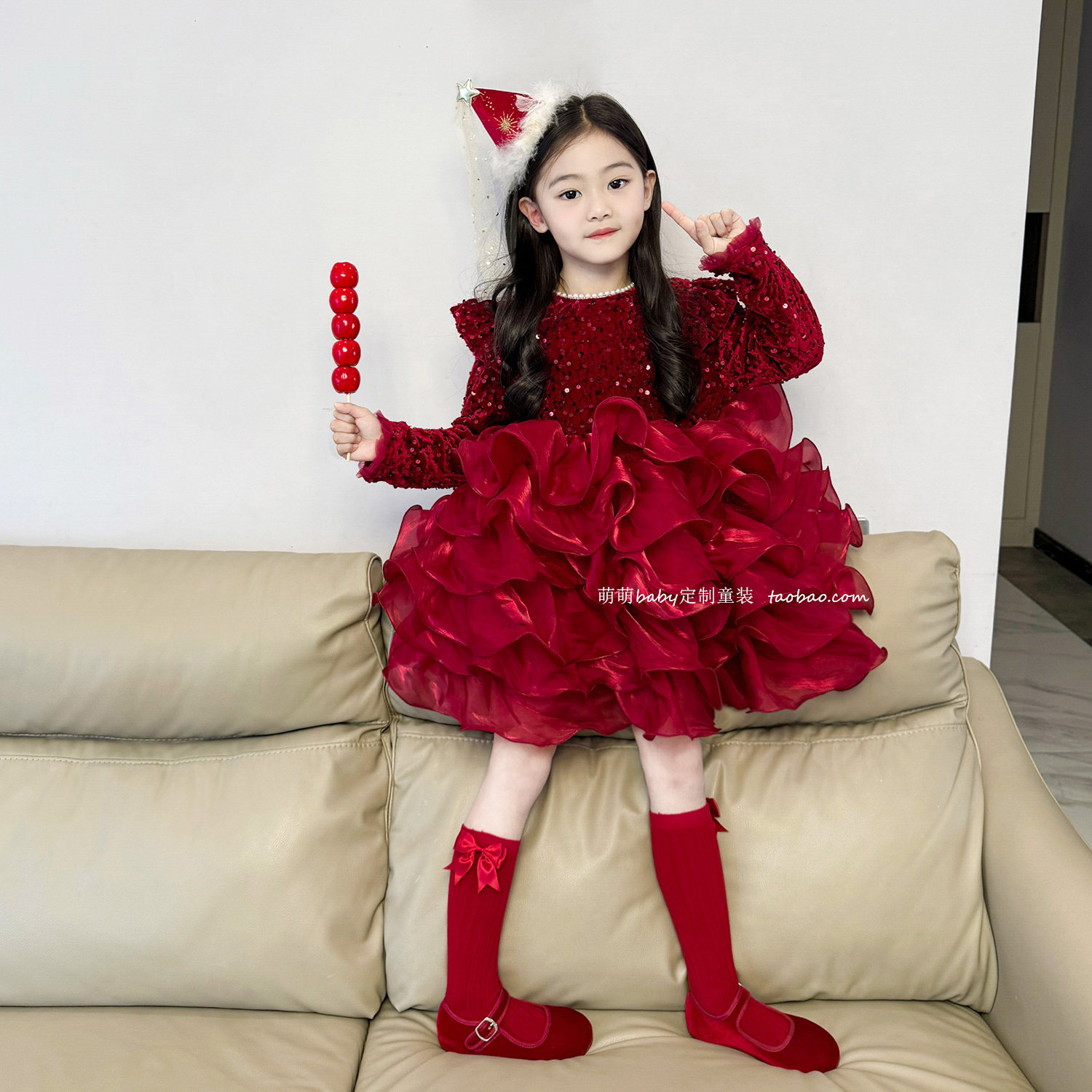 女童加绒红色亮片网纱蓬蓬公主裙2025冬季小女孩气质连衣裙拜年服,淘宝优惠券,粉丝福利购,淘宝优惠卷