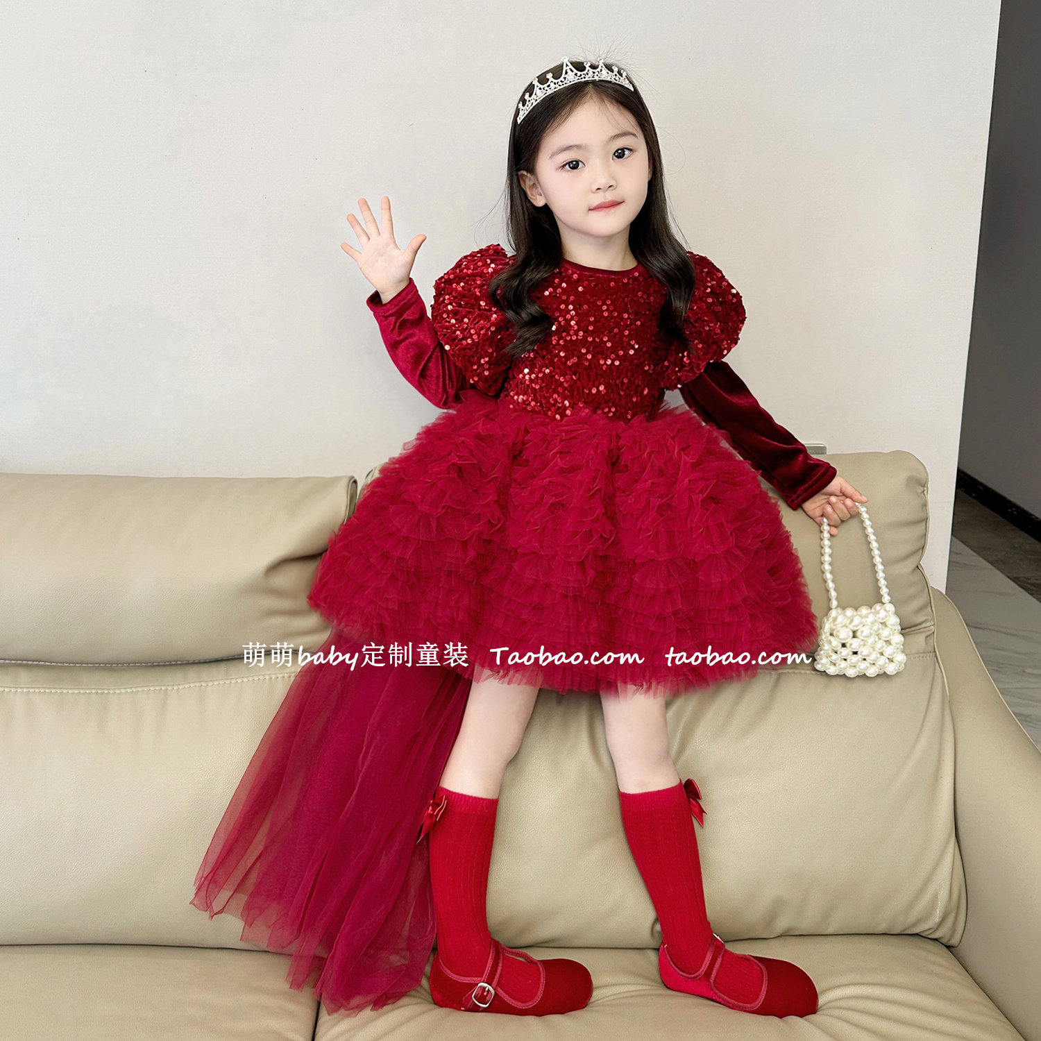 女童加绒网纱蛋糕裙圣诞裙2025秋冬女孩红色蝴蝶结亮片蓬蓬公主裙,淘宝优惠券,粉丝福利购,淘宝优惠卷
