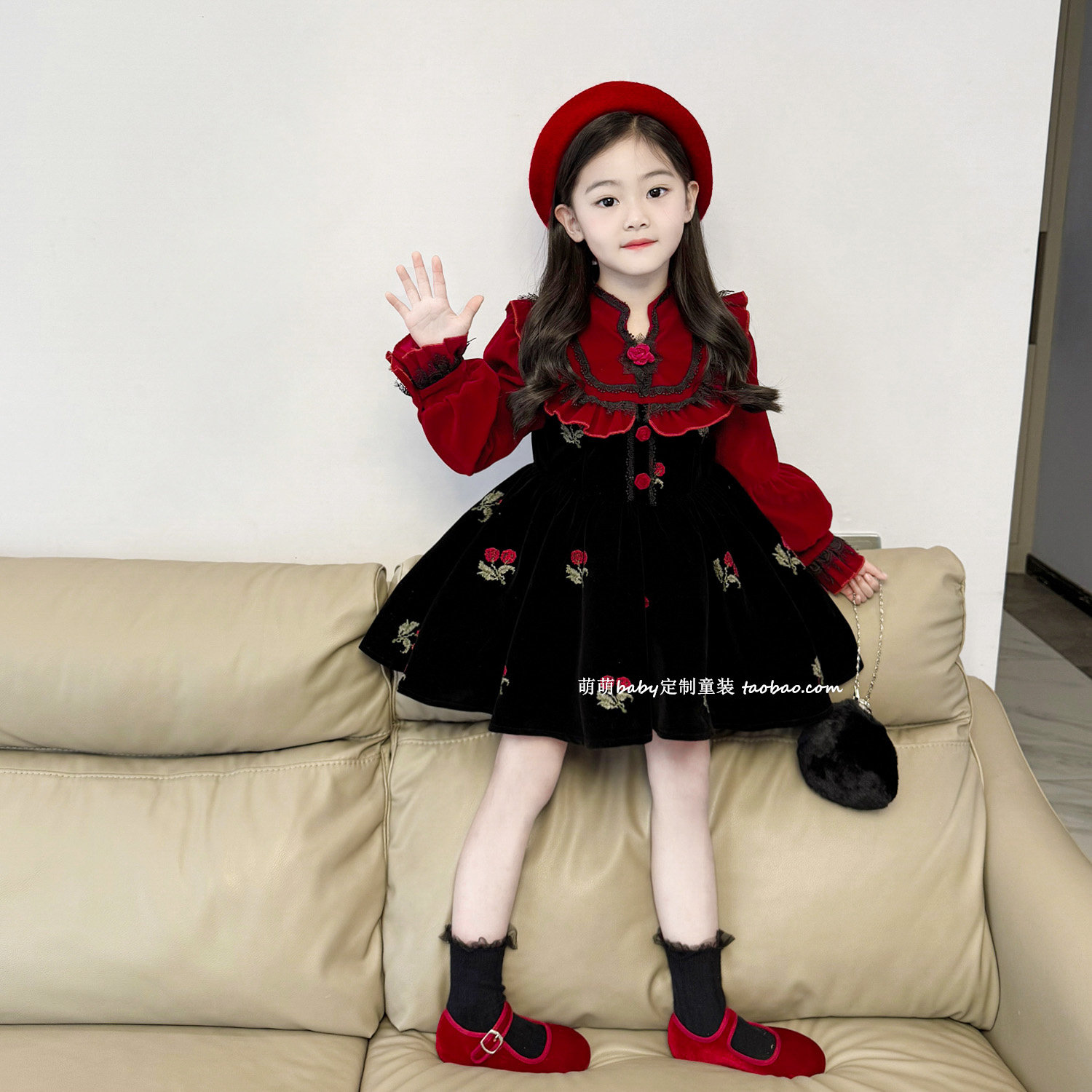 女童法式丝绒玫瑰花刺绣加绒连衣裙2025冬季新款女孩假两件公主裙,淘宝优惠券,粉丝福利购,淘宝优惠卷