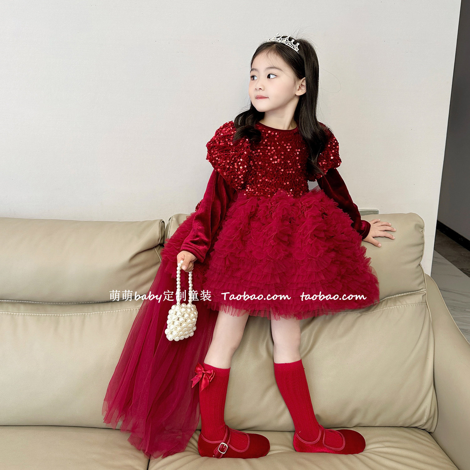 女童加绒网纱蛋糕裙圣诞裙2025秋冬女孩红色蝴蝶结亮片蓬蓬公主裙,淘宝优惠券,粉丝福利购,淘宝优惠卷