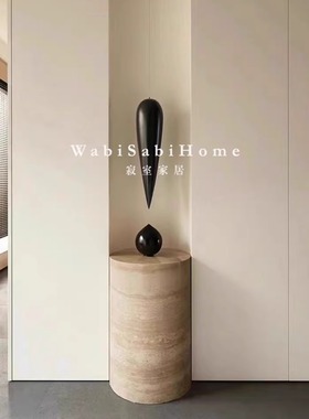 复古天然罗马黄洞石大理石别墅圆柱餐桌展台摆件雕塑台底座茶边几