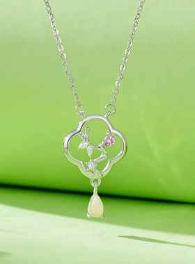 窗花寒梅项链女s925纯银天然和田玉水滴吊坠感锆石梅花锁骨链