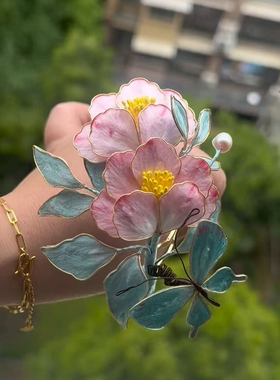 非遗掐丝绒花牡丹古风汉服胸针