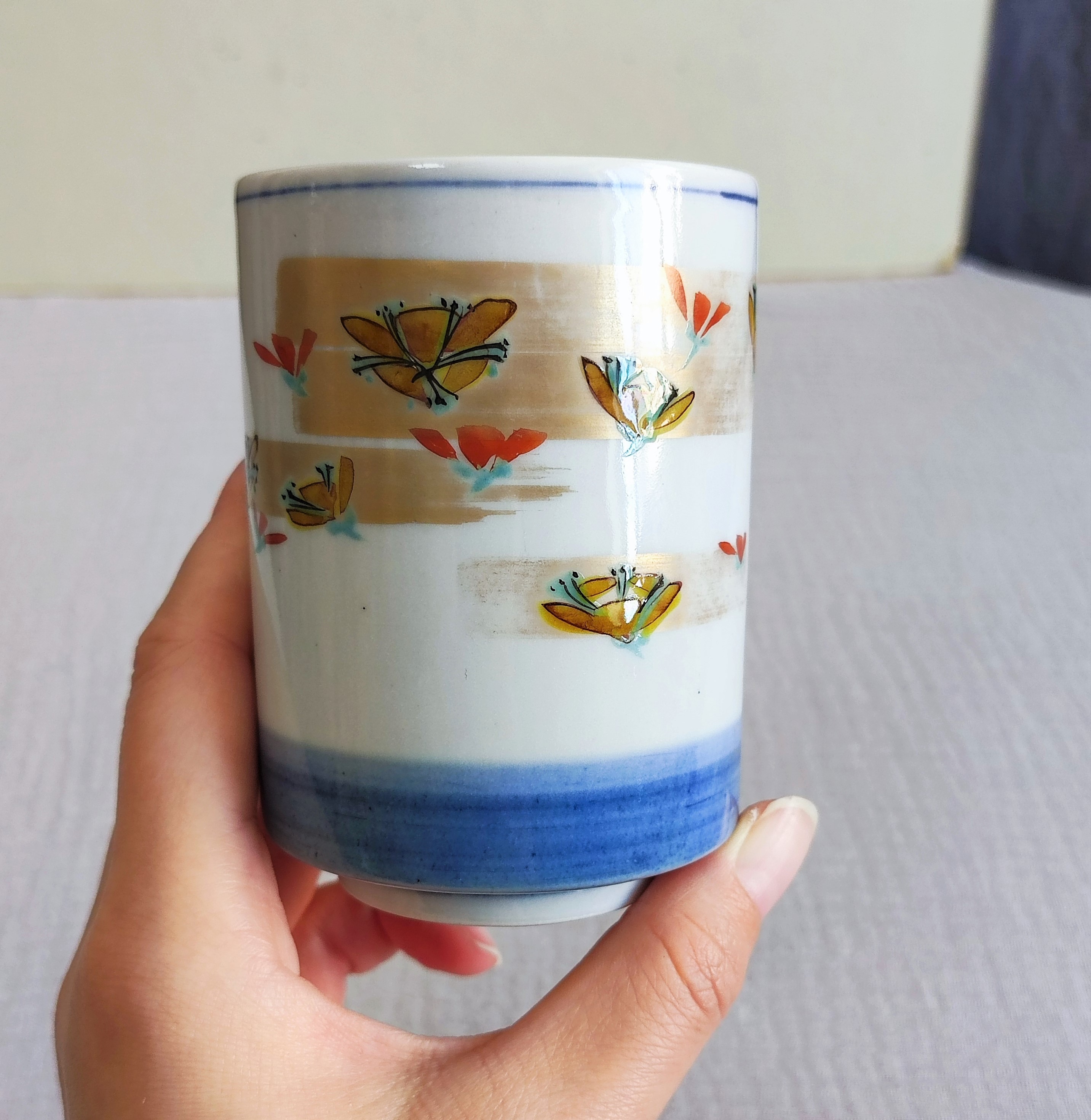 日本中古瓷器健底款汤吞杯茶杯日式茶道具 金彩花卉纹 无盒 包邮