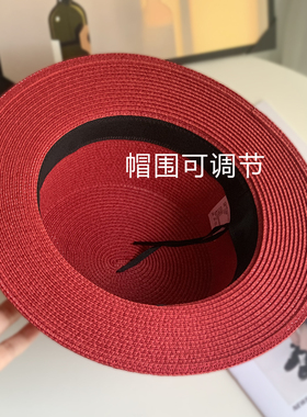 夏季复古红色平檐小蜜蜂防晒草帽