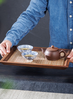 泰国长方形藤编托盘家用茶具收纳