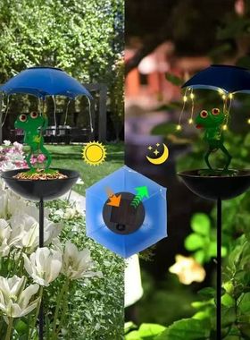 跨境喂鸟器铁艺青蛙举伞太阳能