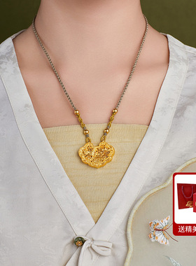 足银999 古法镂空仙鹤平安锁包吊坠项链女复古毛衣链送母亲节礼物