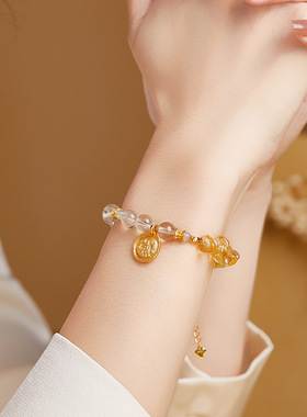 S925纯银黄财神天然白水晶黄水晶碎石手链女新中式小众高级感饰品