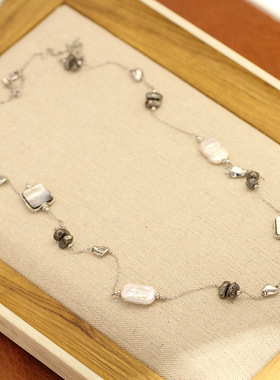 时尚设计师新款黑色电镀金属风项链巴洛克长款细链天然贝母毛衣链