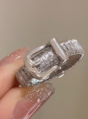 S925纯银中古意大利进口绕丝皮带扣戒指高级设计感珠宝锻面马蹄扣