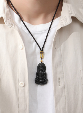 天然塔青和田玉观音吊坠999足金编绳项链男生国潮风首饰厂家批发