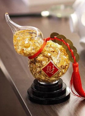 24k金箔歪葫芦福禄五帝铜钱水晶葫芦摆件财源广进家居新年装饰品