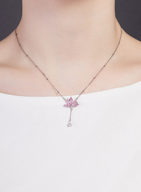 S925纯银粉色锆石莲花流苏吊坠项链女轻奢风小众高级感甜美锁骨链