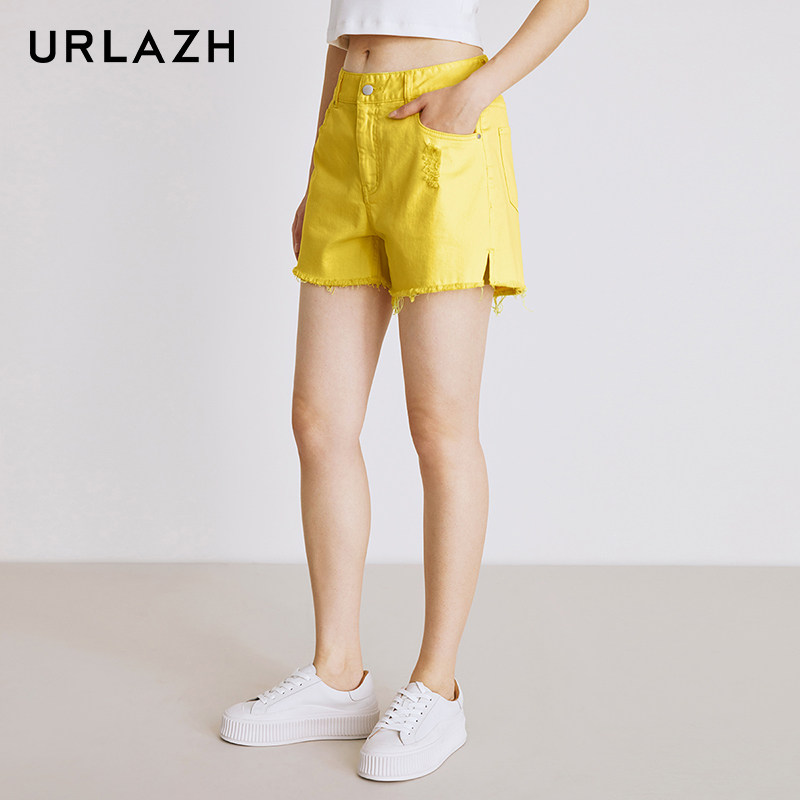 URLAZH有兰夏季新款时尚柠檬黄休闲宽松直筒高腰毛边牛仔短裤女,淘宝优惠券,粉丝福利购,淘宝优惠卷