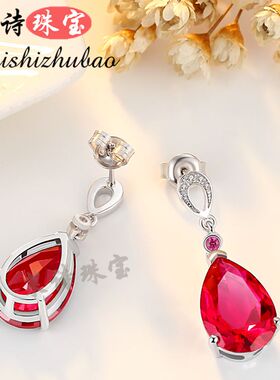 红宝石耳钉女欧美个性彩色宝石耳饰纯银镀18k金简约耳环耳坠饰品