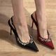 Burgundy rhinestones and high heels women's pointed toe patent leather