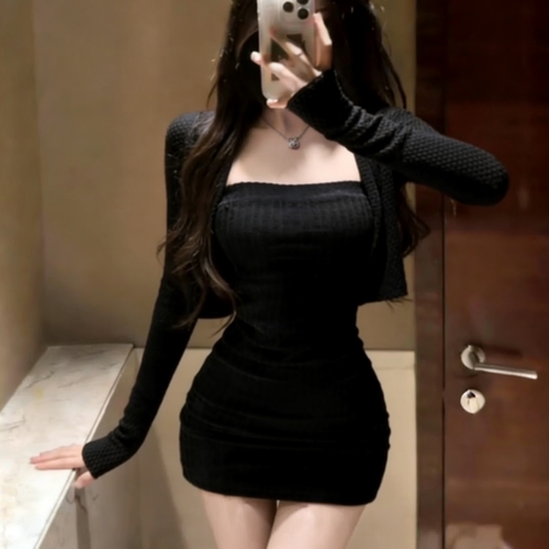 iqcq辣妹纯欲风修身显瘦抹胸包臀连衣裙气质黑色长袖开衫外套套装 - 图2