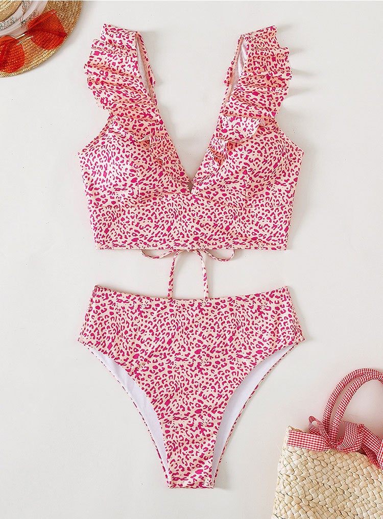 纯色荷叶边分体泳衣性感辣妹高腰比基尼沙滩度假泳装女显瘦Bikini - 图2