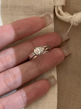 极简主义~银色冷淡风水滴单钻戒指女轻奢小众百搭简约开口戒指环