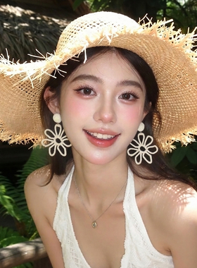 夏日海边度假风大花朵耳环波西米亚夸张草编耳饰女耳钉旅游耳夹