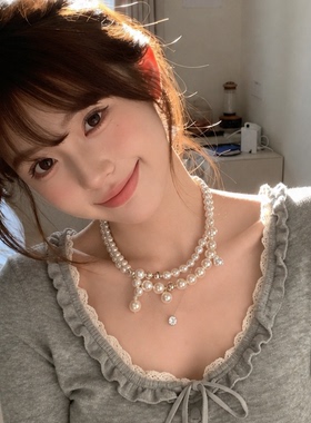 双层珍珠项链女配礼服多层叠戴颈链百搭高级感毛衣链小众锁骨链
