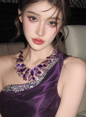 紫色水晶轻奢气质项链夸张设计感颈链高级感礼服宴会配饰女耳环