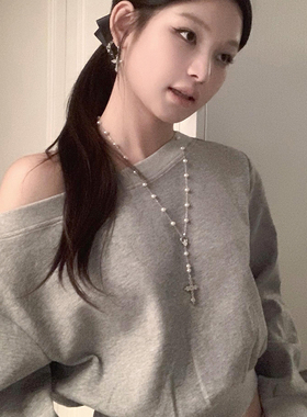 甜酷辣妹风珍珠十字架Y字链小众高级感长款项链复古个性毛衣链女