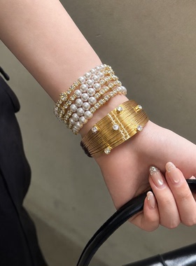 金色中古vintage珍珠手镯女