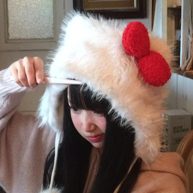 可爱hellokitty白色猫咪蝴蝶结毛绒帽子女圣诞节护耳包头雷锋帽子,淘宝优惠券,粉丝福利购,淘宝优惠卷