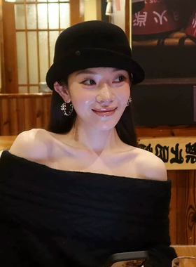 张婧仪同款黑色羊毛翻檐礼帽女秋冬季保暖高级感百搭显脸小渔夫帽