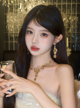 闪耀千金~超闪金色水滴流苏项链高级感气质晚宴夸张新娘礼服配饰