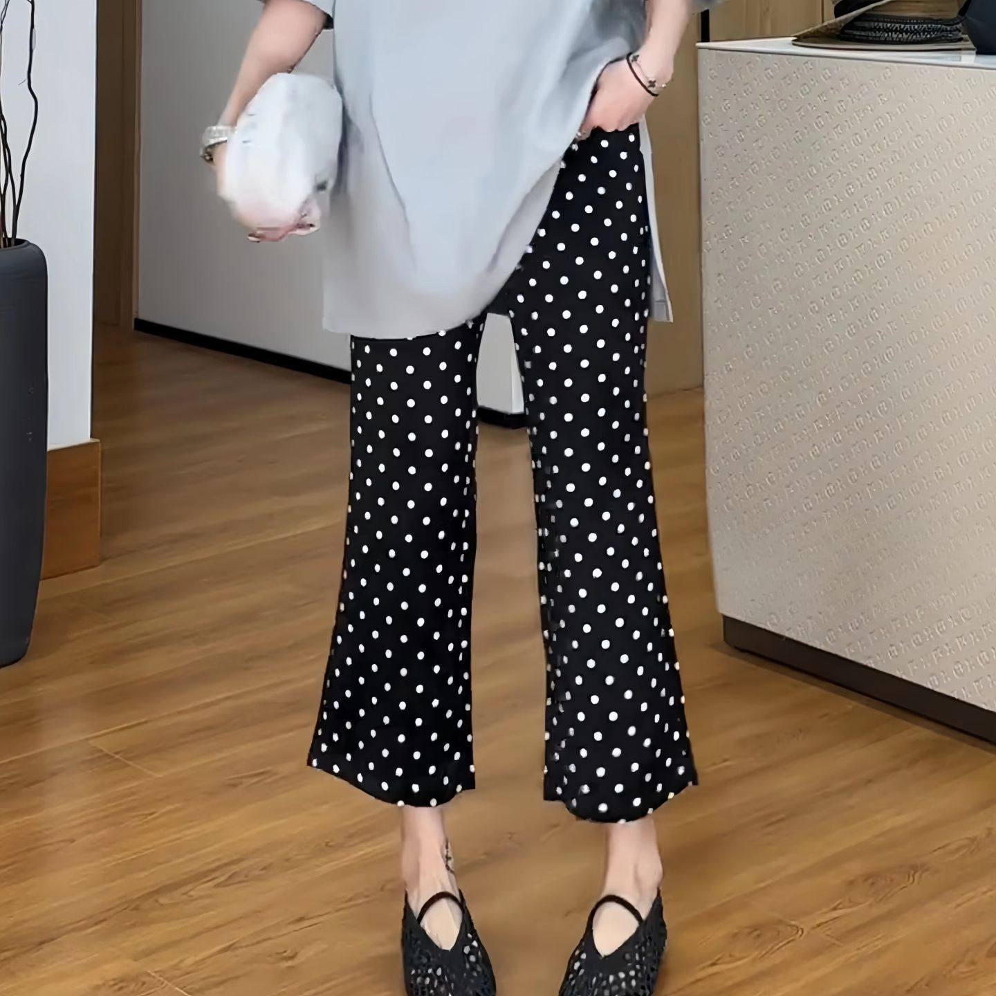 高腰波点百搭休闲裤女春夏新款大码胖MM流行显瘦微喇叭九分裤子潮,淘宝优惠券,粉丝福利购,淘宝优惠卷